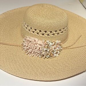 Elegant Tan and Cream Wide-Brimmed Hat with Floral Accent